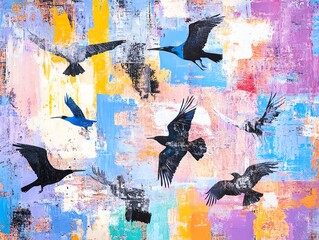 Fototapeta premium Abstract acrylic painting of birds in flight against a vibrant, multicolored background. Bold silhouettes and textured brushstrokes create a dynamic artwork.