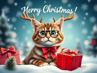 Merry Christmas concept holiday vacation winter greeting card - cat with reindeer antlers and red giftbox with ribbon