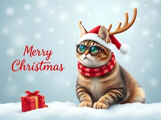 Merry Christmas concept holiday vacation winter greeting card - cat with reindeer antlers and red giftbox with ribbon