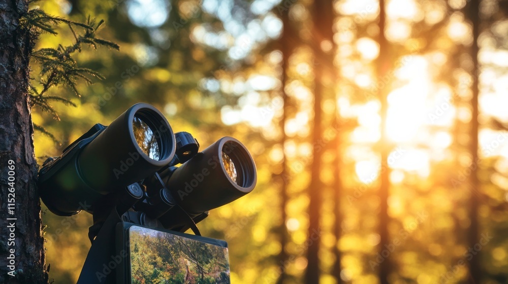 Poster a cozy birdwatching session in a secluded forest hideout, binoculars and field guides set for bird o