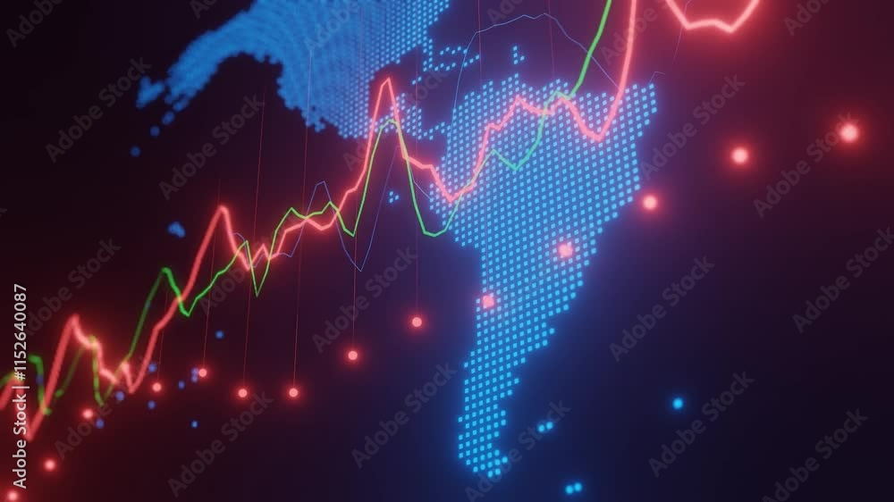 Poster digital map of north and central america with glowing blue grid, red and green data lines, and illum