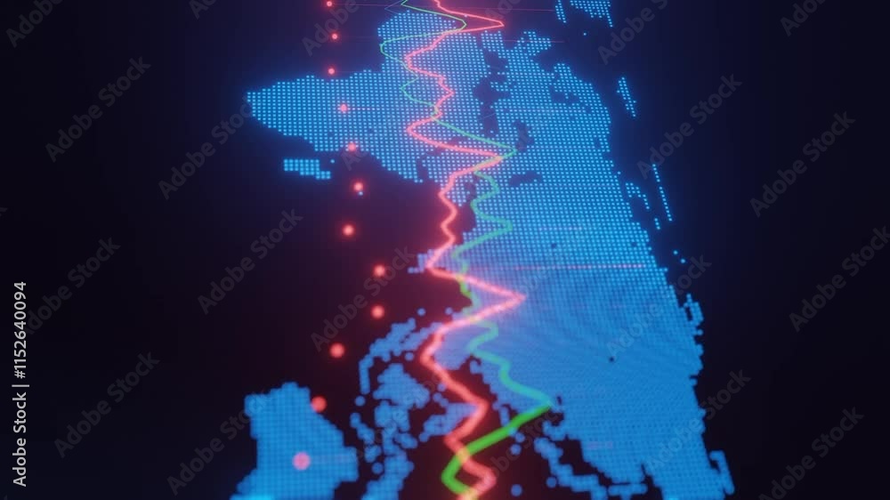 Poster digital map of the united kingdom and europe with glowing blue grid, red and green dynamic lines, an