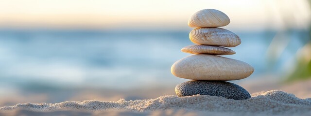 Symbol of balance, capturing stones stacked in perfect harmony, showcasing the delicate equilibrium of nature, offering a serene view of balanced elements, evoking peace and stillness in every moment.
