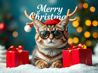 Merry Christmas concept holiday vacation winter greeting card - cat with reindeer antlers and red giftbox with ribbon