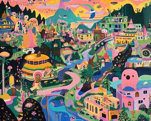 Obraz premium Vibrant, whimsical illustration of a fantastical town nestled in a surreal landscape. Bold colors and playful architecture create a dreamy, imaginative scene.
