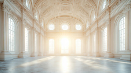 luxurious White Palace Marble interior with grand colonnades illuminated by sunlight casting dramatic backlight, creating a contrast between order and chaos in the elegant space