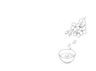 お酒と散る桜の背景線画イラスト