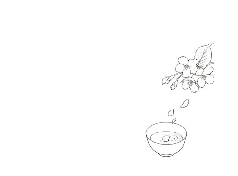 recommend clip art: お酒と散る桜の背景線画イラスト