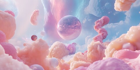 Obraz premium Surreal pastel landscape with floating planets and cotton candy clouds. Dreamlike, whimsical, and ethereal.