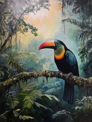 Obraz premium A Vibrant Toucan Perched on a Branch in a Lush Rainforest