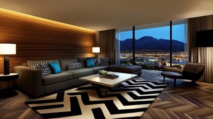 Elegant living room with city views, gray sofa, and a black-and-white geometric rug under a marble coffee table