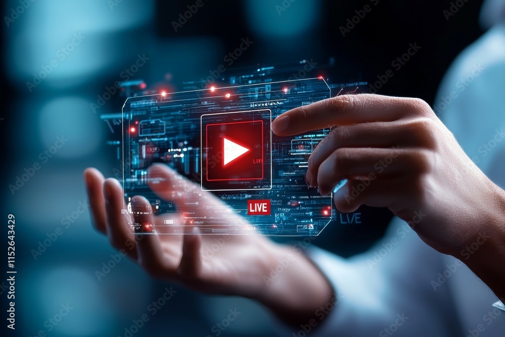 Poster a person is holding a screen with a red play button on it