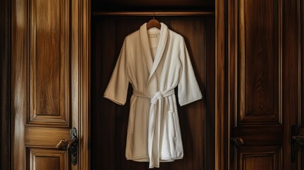 Obraz premium Luxurious fresh white bathrobe draped inside a wooden wardrobe with intricate details of grain and fabric, exuding elegance and comfort