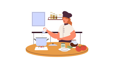 Professional chef cooks food, cooks dishes, prepares food vector illustration