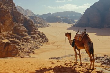 Camel overlooking a vast desert landscape of sandstone formations