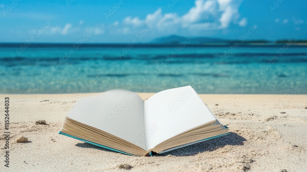 Aufkleber open blank sketchbook placed on a colorful, vibrant background, minimalistic and fresh design with p