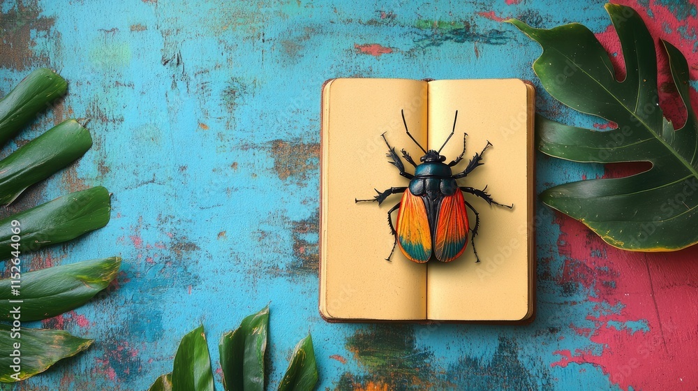 Poster open blank sketchbook placed on a colorful, vibrant background, minimalistic and fresh design with p