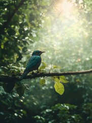 Obraz premium Azure Bird Perched On Branch In Lush Green Forest