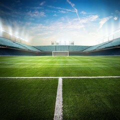 Fototapeta premium football field with a stadium - soccer field with a stadium - empty football field