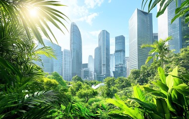 Sustainable cityscape: modern skyscrapers integrated with lush greenery and solar panels, symbolizing eco-friendly urban development and a green future.