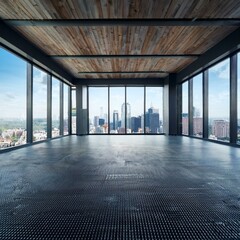 Fototapeta premium Empty room with window - Empty loft room with big window in floor and city view