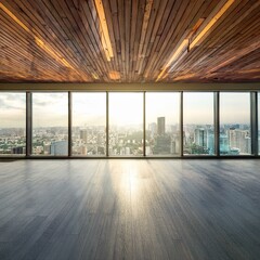 Fototapeta premium Empty room with window - Empty loft room with big window in floor and city view