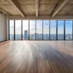 Empty room with window - Empty loft room with big window in floor and city view