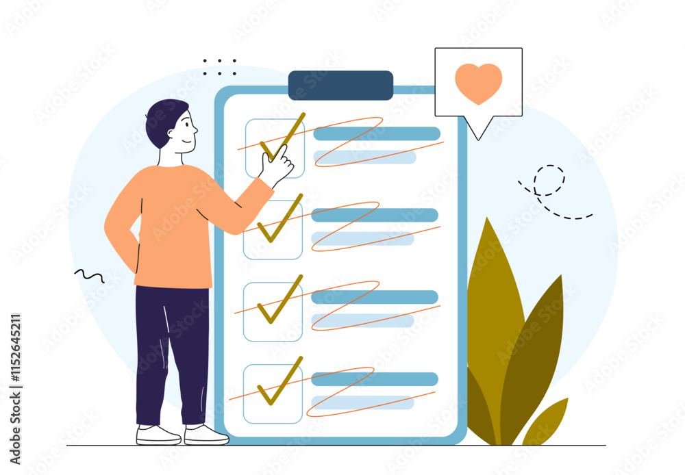 Poster alternation of rubrics. man with huge list of tasks and goals. content manager with schedule and con