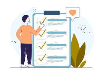 Alternation of rubrics. Man with huge list of tasks and goals. Content manager with schedule and content plan. Promotion on social networks and Internet. Linear vector illustration