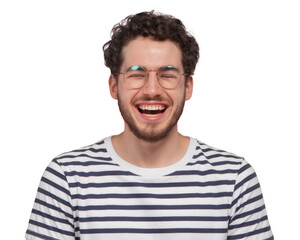 Fototapeta premium High-Quality PNG Headshot of pleased hipster has satisfied expression, curly hair and bristle, Isolated on White Background – High Resolution