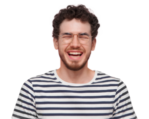 High-Quality PNG Headshot of pleased hipster has satisfied expression, curly hair and bristle, Isolated on White Background – High Resolution