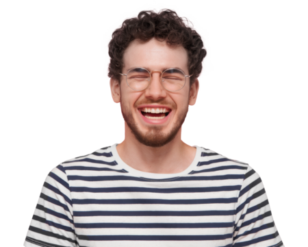 High-Quality PNG Headshot of pleased hipster has satisfied expression, curly hair and bristle, Isolated on White Background – High Resolution