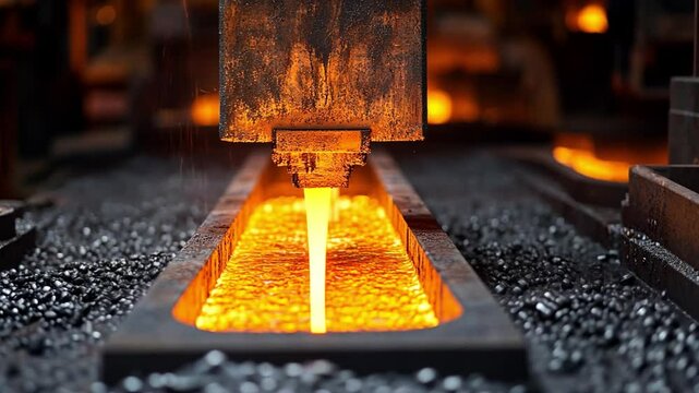 Molten Gold Flow:  A stream of incandescent molten gold flows through a casting channel in a metal foundry. The intense heat and glow are captured in a dramatic close-up.