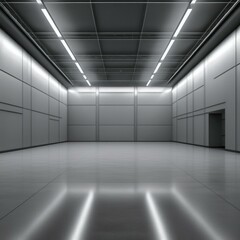 Industrial design project empty hall with led lights on top, grey walls - empty white room with white wall