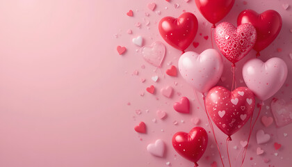Heart-Shaped Balloons and Confetti on Pink Background, The balloons are scattered with confetti and create a celebratory and romantic atmosphere,