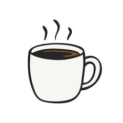 Hand drawn illustration of a steaming cup of coffee, with a simple and expressive style