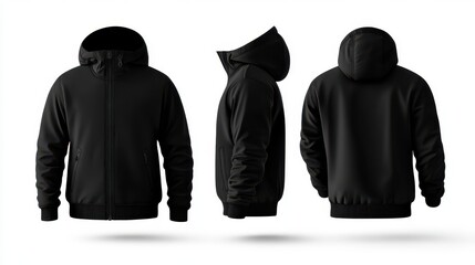 Black Hooded Zipper Jacket Displayed In Three Views