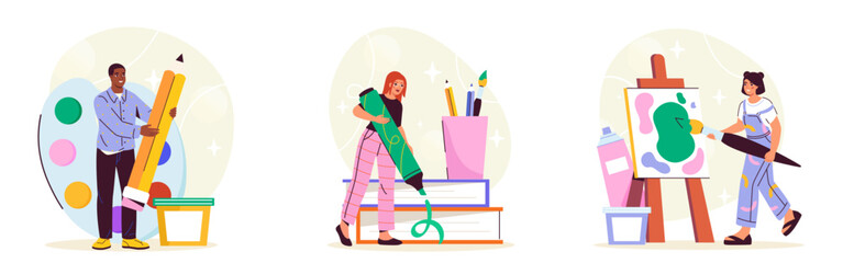 Set of people with art. Man with large pencil, woman drawn with marker and girl with canvas. Creativity and art. Hobby and leisure. Flat vector collection