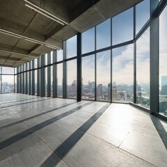 Fototapeta premium Modern office building with windows - Modern concrete gallery interior with city view