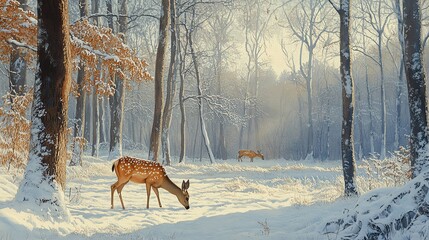 Frosty forest, deer grazing in snow, early morning light, Watercolor style