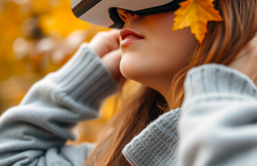 The individual is dressed in a cozy, light gray sweater and is surrounded by a backdrop of autumn foliage, with vibrant yellow leaves visible. The person is holding the VR headset with both hands, ind