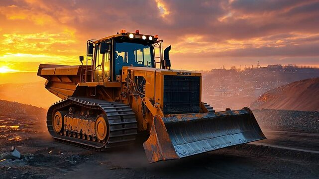 Bulldozer at Sunset: A powerful yellow bulldozer stands against a breathtaking sunset, ready to tackle any construction project.