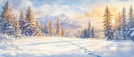 Obraz premium Snowcovered meadow, footprints leading to distant trees, Watercolor style