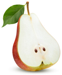 Fresh red pear with leaves isolated on white background, Red Pear on a White Background with clipping path