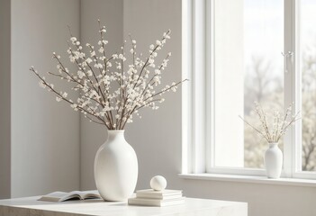 Minimalist Room with White Vases and Blossoming Branches