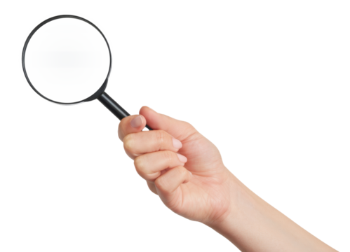 High-Quality PNG female hand holding magnifier Isolated on White Background – High Resolution