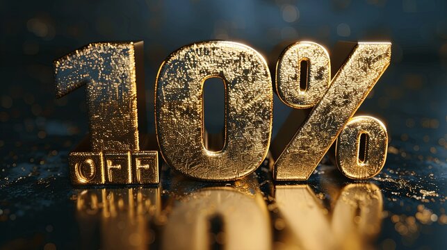 Ten Percent Off Sale: Gold Metallic Number Sign with Sparkling Texture