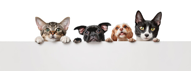 Obraz premium High-Quality PNG Cats and Dogs Peeking Over White Web Banner Isolated on White Background – High Resolution