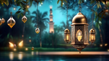 Obraz premium Golden lanterns hanging under trees with a mosque in the background, evoking a serene and sacred Ramadan setting