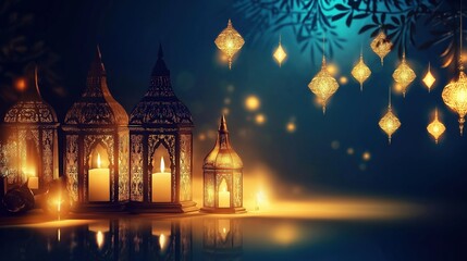 Fototapeta premium Cluster of glowing lanterns with intricate designs illuminating the night, creating a festive Ramadan ambiance